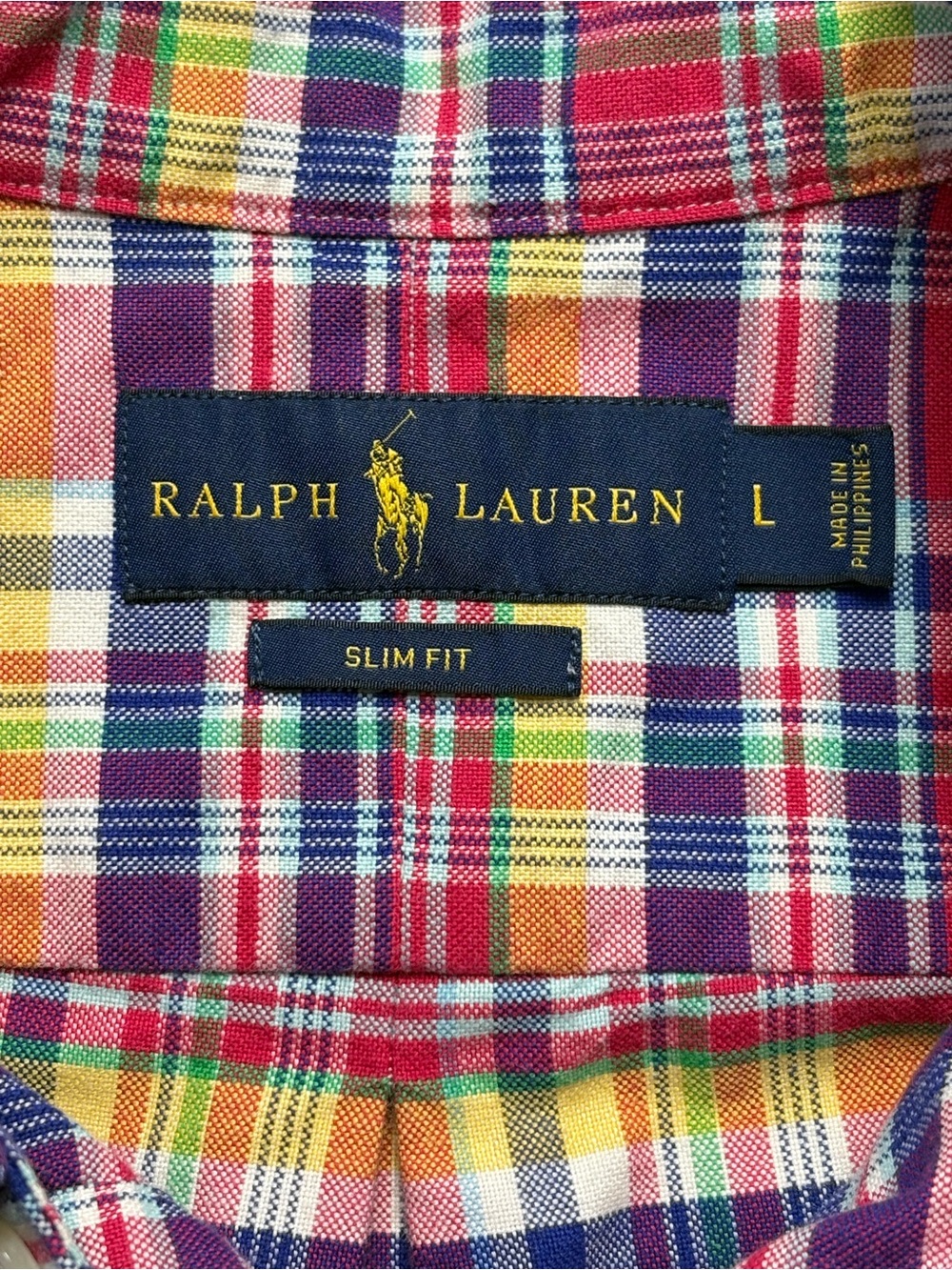 Ralph Lauren Plaid Button Down Shirt Size L Slim Fit Red Yellow Blue Cotton - Picture 8 of 9